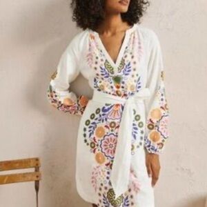 Boden White Linen Dress  with Multicolor Floral Embroidery Look.